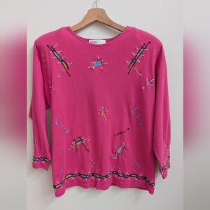 Vintage Gary Fabrikant Pink Embroidered Art Top | XL | 90s Wearable Art